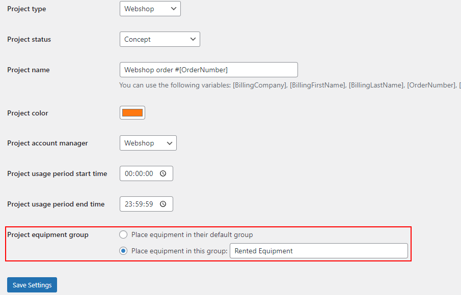 Equipment group name setting in WooCommerce