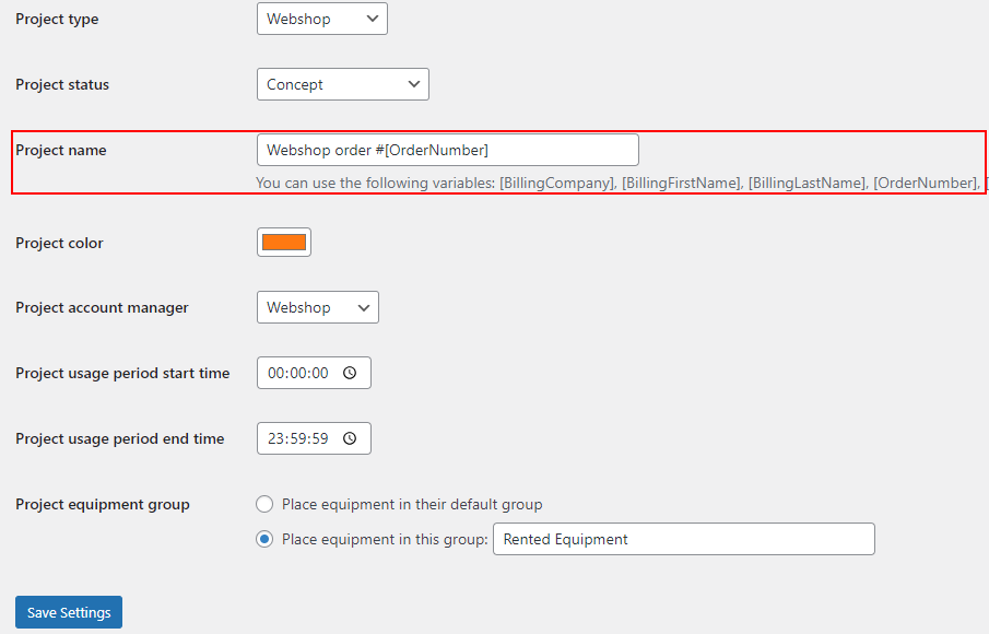 Project name setting in WooCommerce