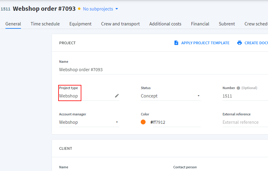 Project type in Rentman