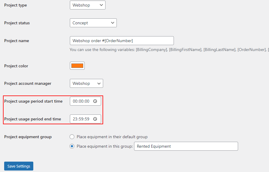 Project usage period setting in WooCommerce